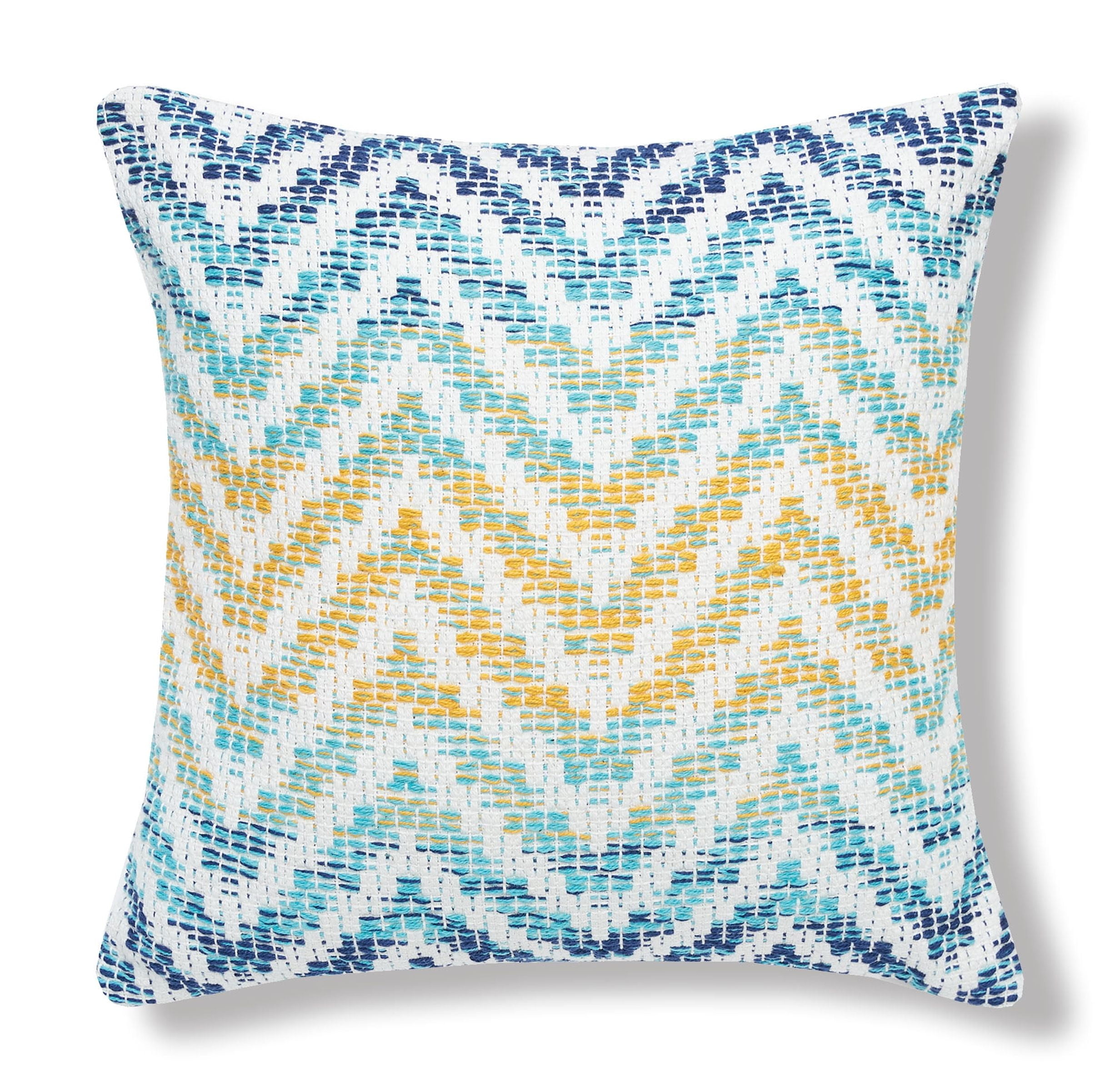 18" Square Chevron Blue and Yellow Woven Cotton Throw Pillow