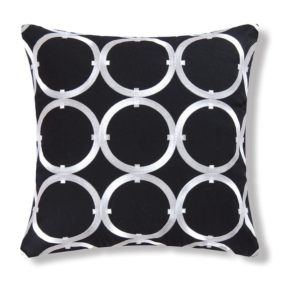 Circle on Black Embroidered Pillow, 18" x 18"