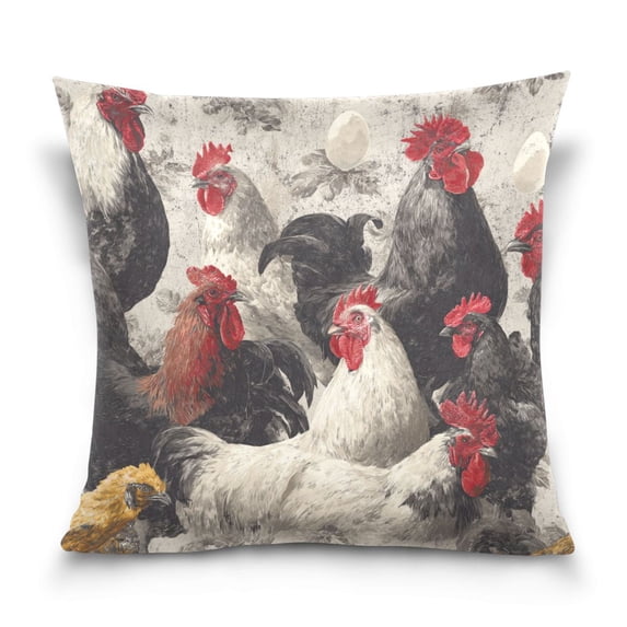 18" x 18" Decorative Throw Pillow Soft Double Sided Printed Pillow Cover Decorative with Hidden Zipper Vintage Black and White Chickens