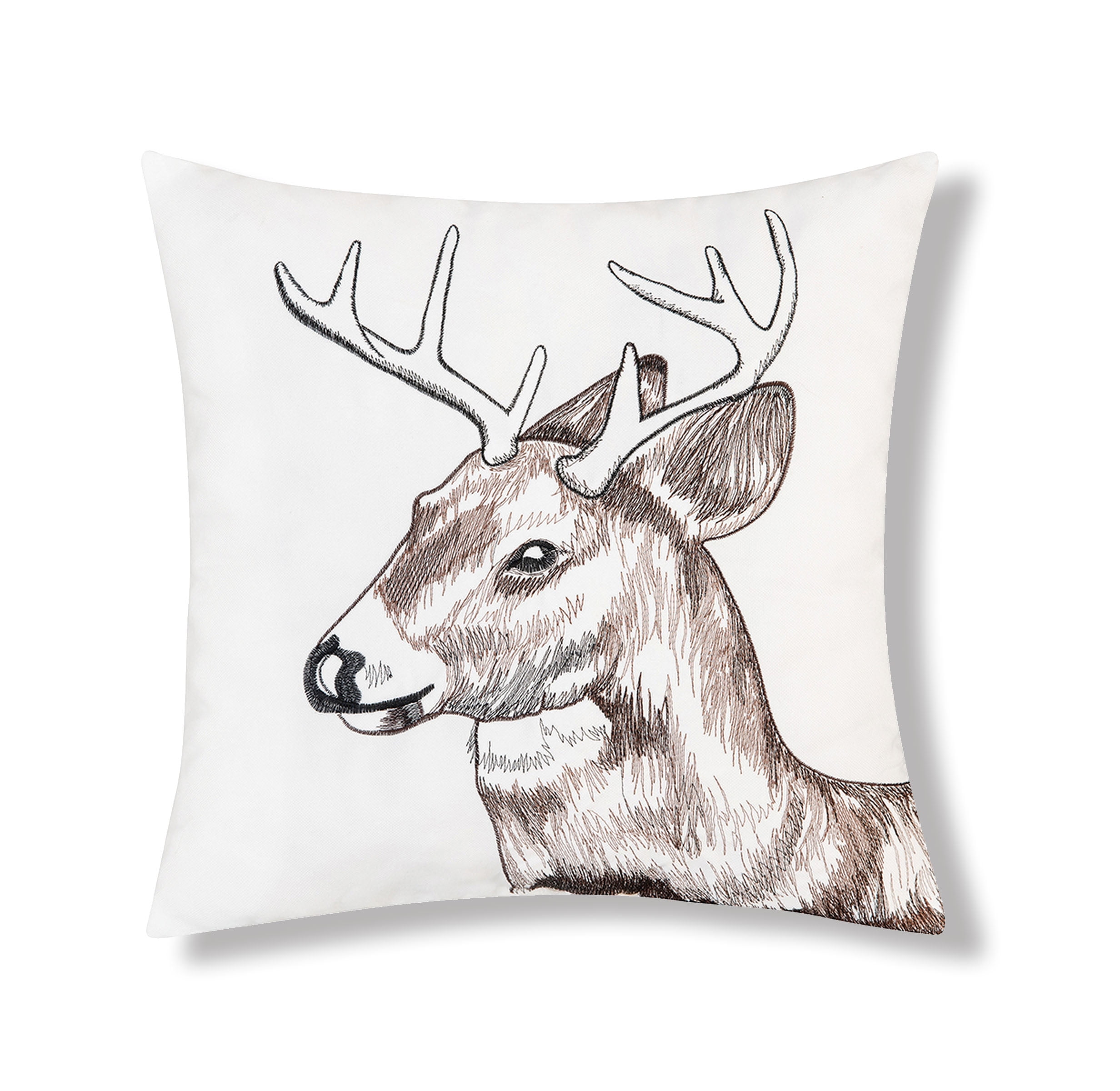 White and Brown Embroidered Deer Portrait Square Pillow