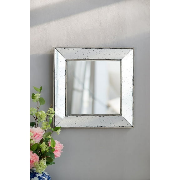 18" x 18" Distressed Silver Square Accent Mirror, Traditional Style Framed Wall Mirror for Living Room, Entryway,
