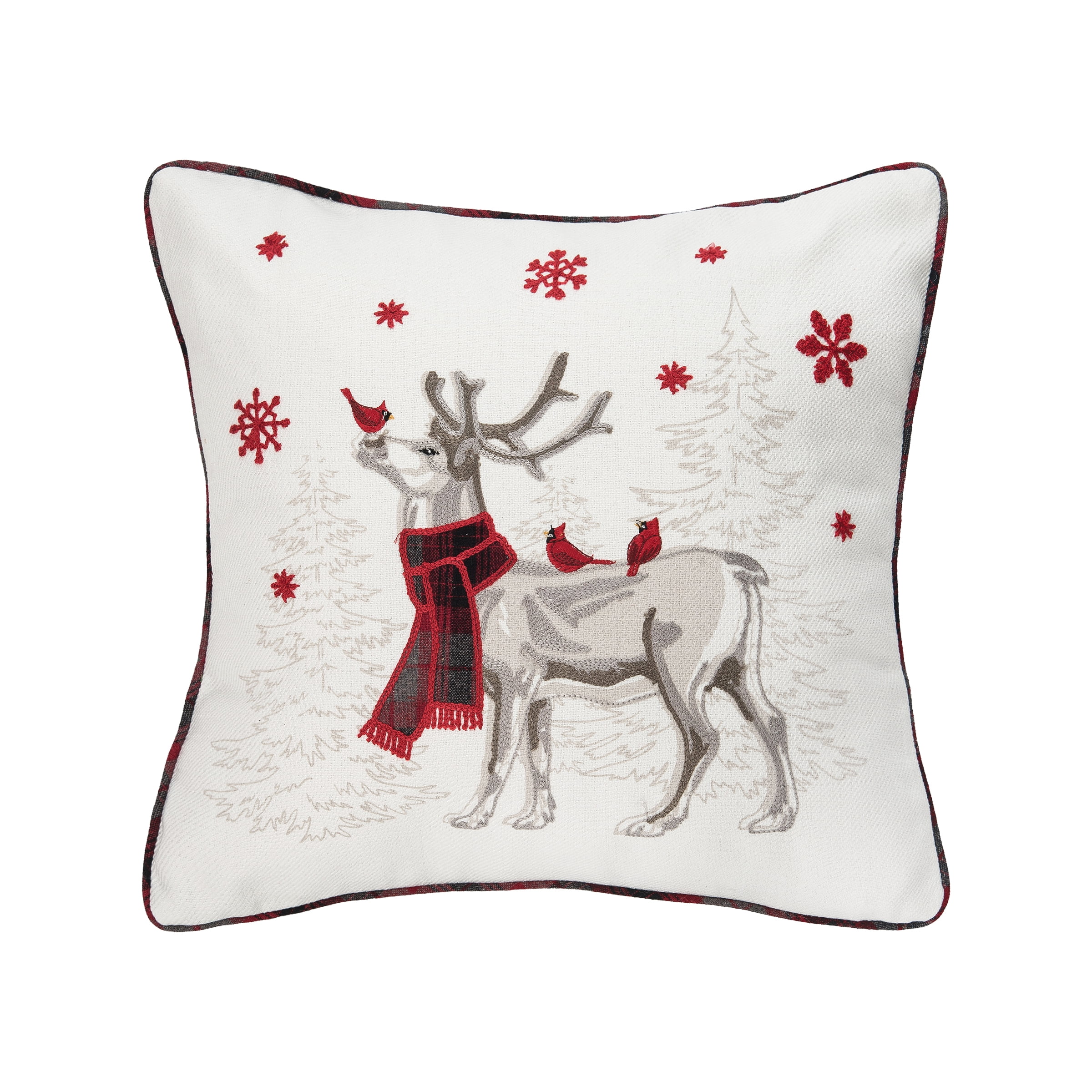 18" x 18" White and Red Embroidered Deer Christmas Pillow