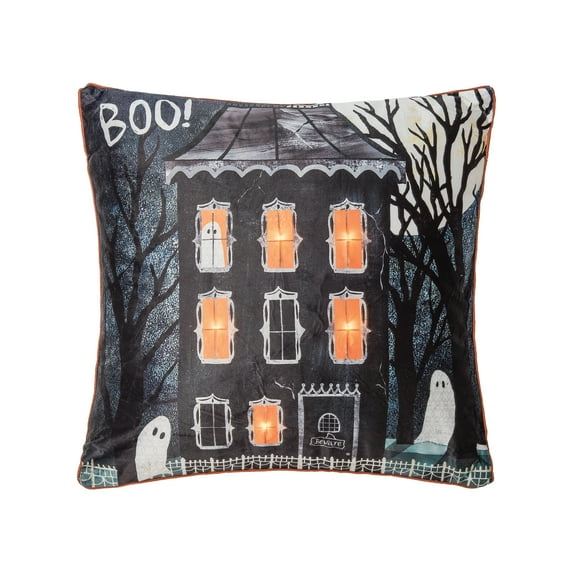 Haunted House Halloween Boo Light-Up LED Throw Pillow, 18" x 18"