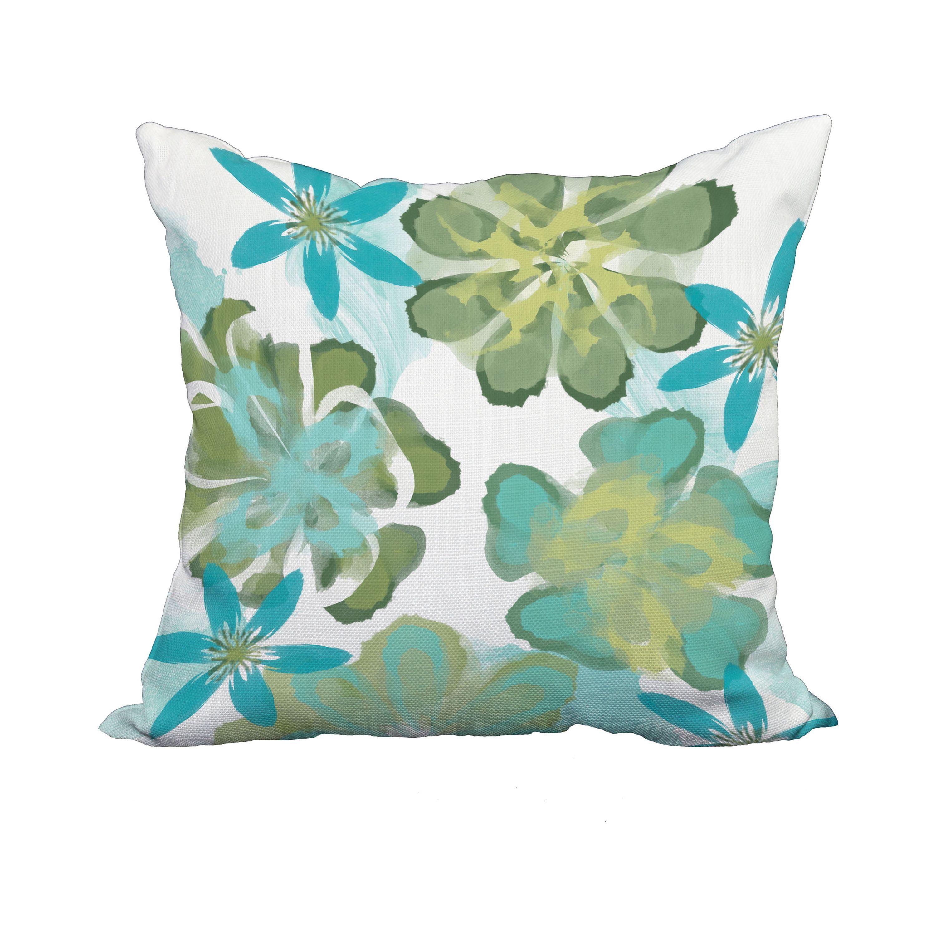 18 x 18 Inch Ani Aqua Floral Print Decorative Polyester Throw Pillow with Linen Texture