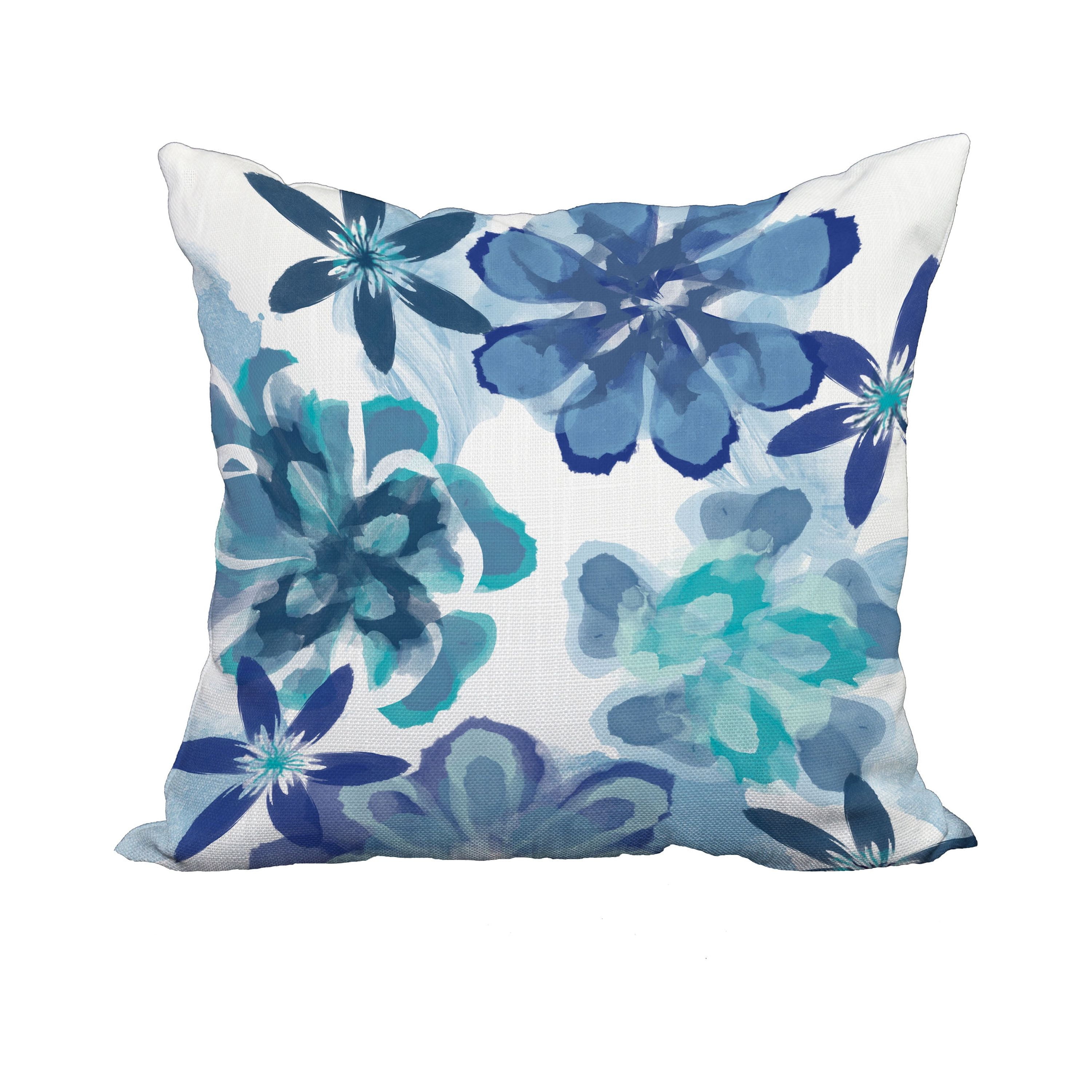 18 x 18 Inch Ani Blue Floral Print Decorative Polyester Throw Pillow with Linen Texture