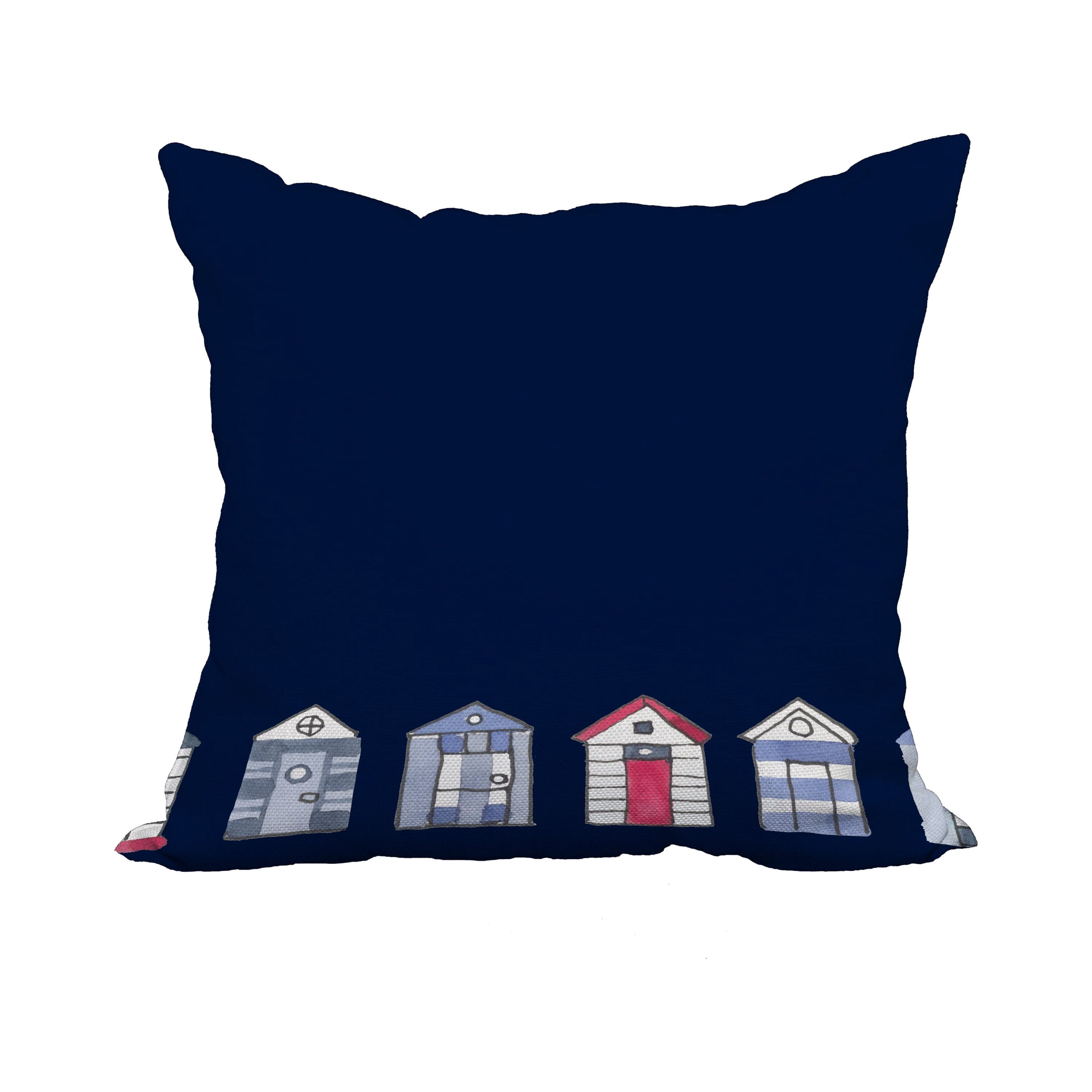 18 x 18 Inch Beach Huts Navy Geometric Print Decorative Polyester Throw Pillow with Linen Texture
