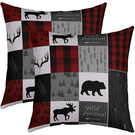 18 x 18-Inch Bear Print Square Cushion Covers Set of 2 Boys Girls Wild Animal Reversible Throw Pillow Covers for Kids Women Men Rustic Cabin Country Pillow Covers Home Decor Red Grey