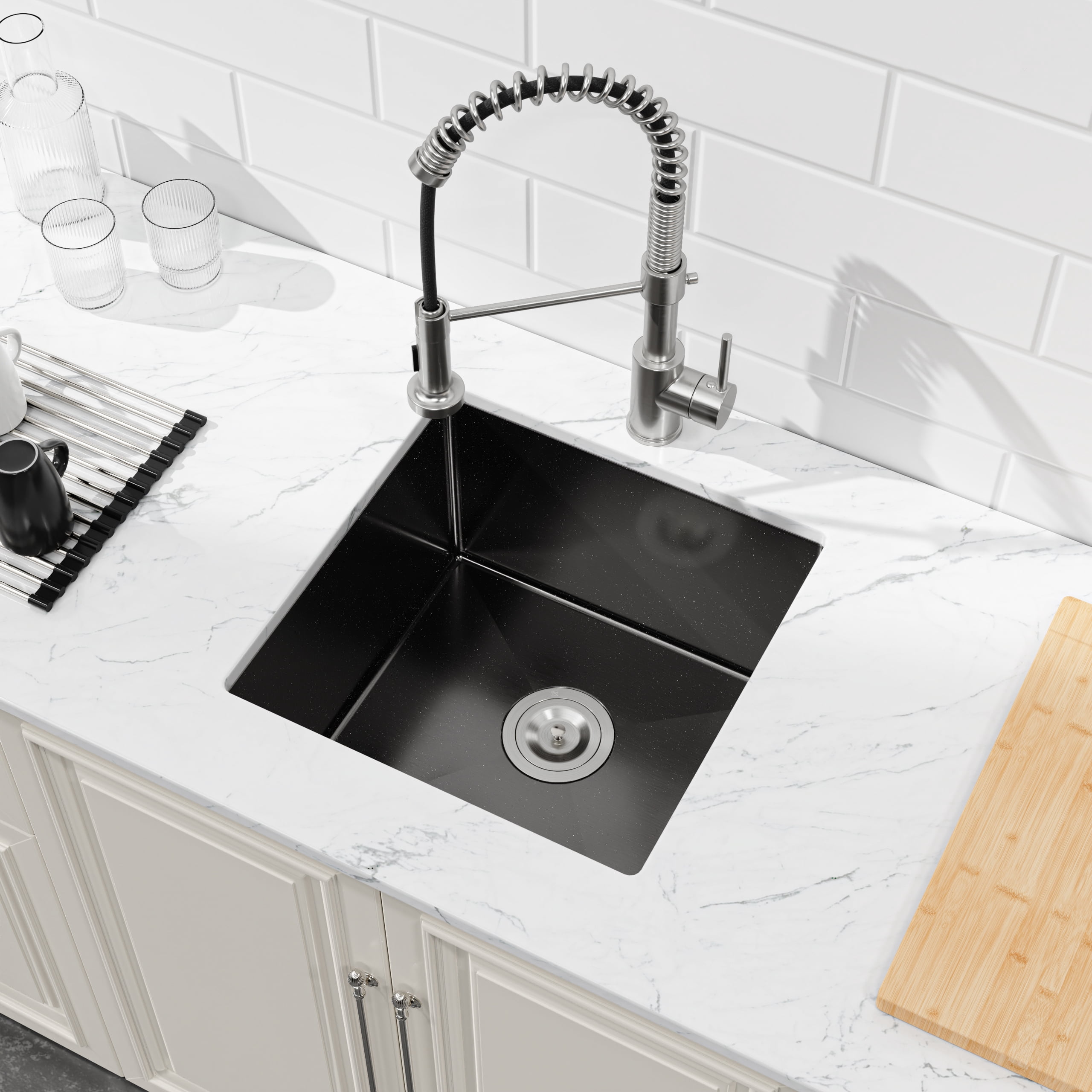 18 x 18 Inch Black Undermount Stainless Steel Kitchen Sink Single Bowl 16 Gauge with Drain And Hook