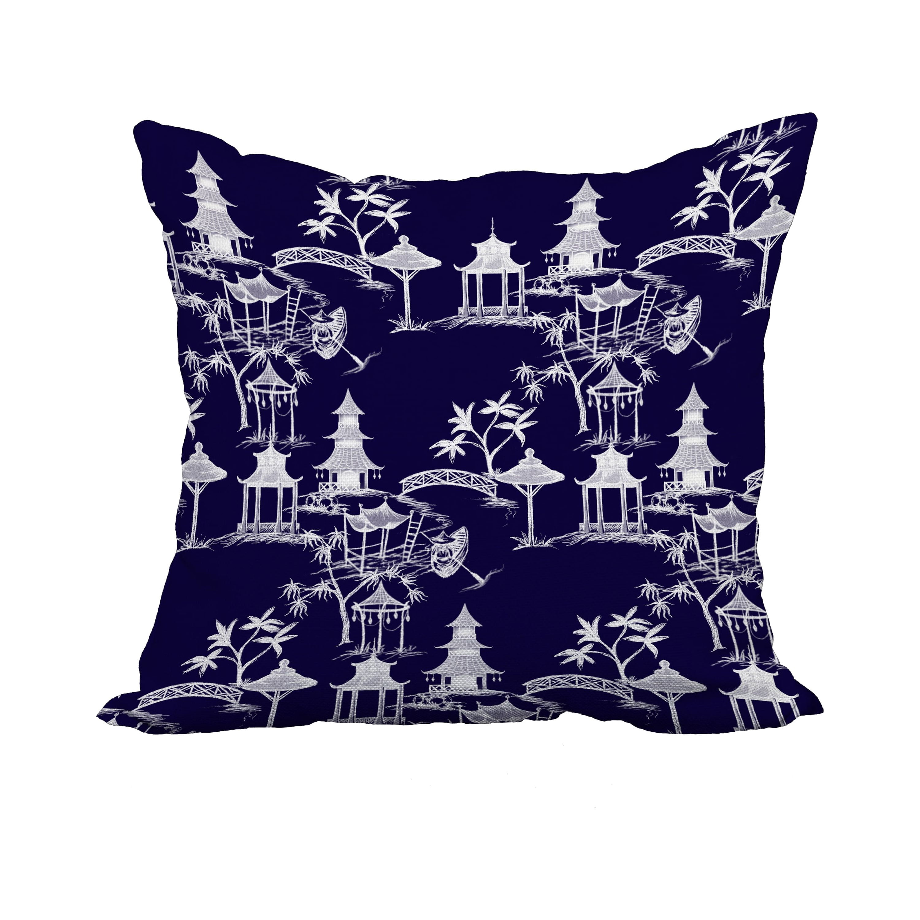 18 x 18 Inch Chinapezka Navy Blue Floral Print Decorative Polyester Throw Pillow with Linen Texture