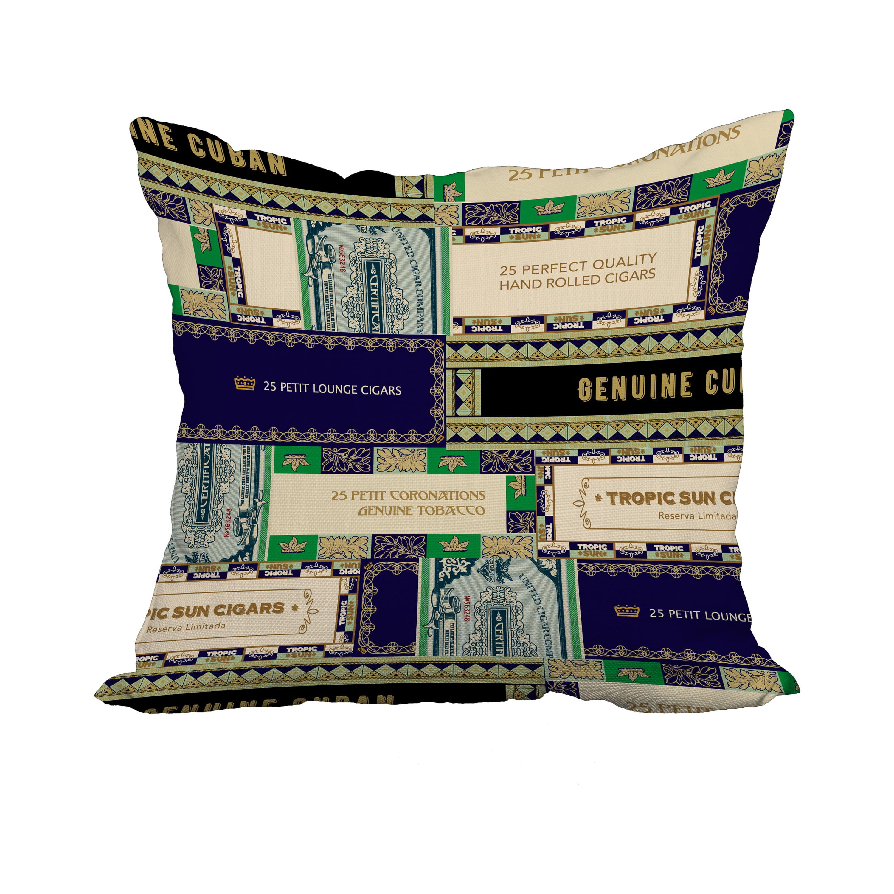 18 x 18 Inch Cigar Box Collage 2 Navy Blue Geometric Print Decorative Polyester Throw Pillow with Linen Texture
