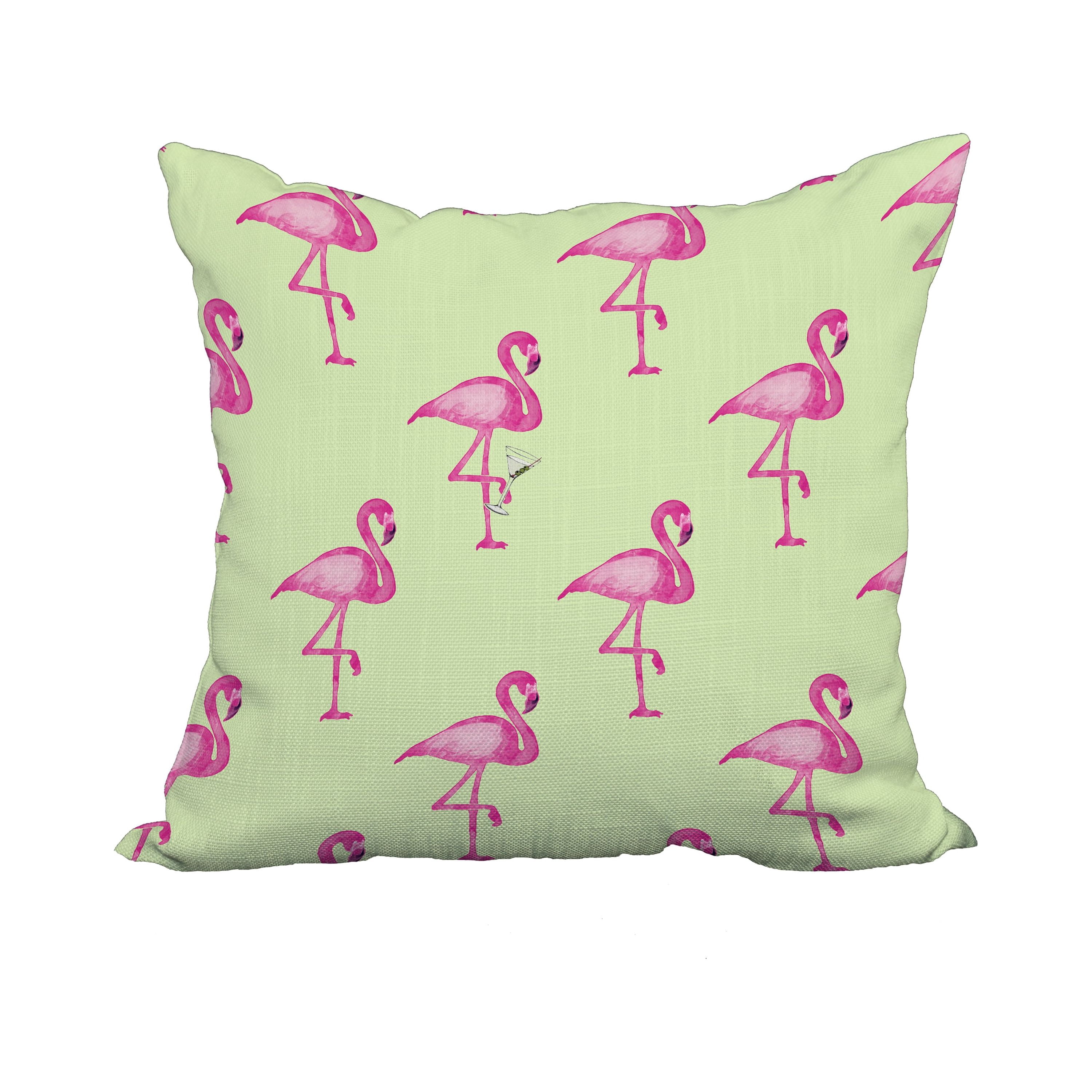 18 x 18 Inch Flamingo Fanfare Martini Light Green Tropical Print Decorative Polyester Throw Pillow with Linen Texture
