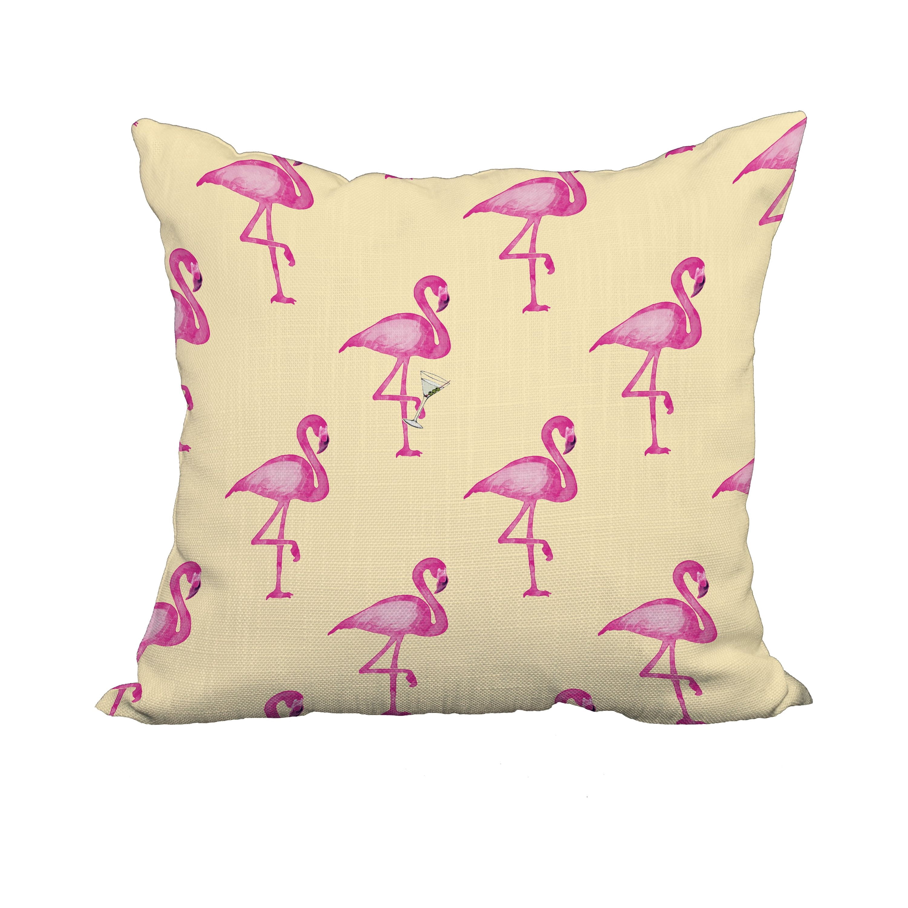 18 x 18 Inch Flamingo Fanfare Martini Yellow Tropical Print Decorative Polyester Throw Pillow with Linen Texture