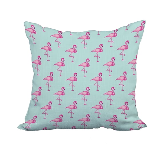 18 x 18 Inch Flamingo Fanfare Multi Aqua Tropical Print Decorative Polyester Throw Pillow with Linen Texture