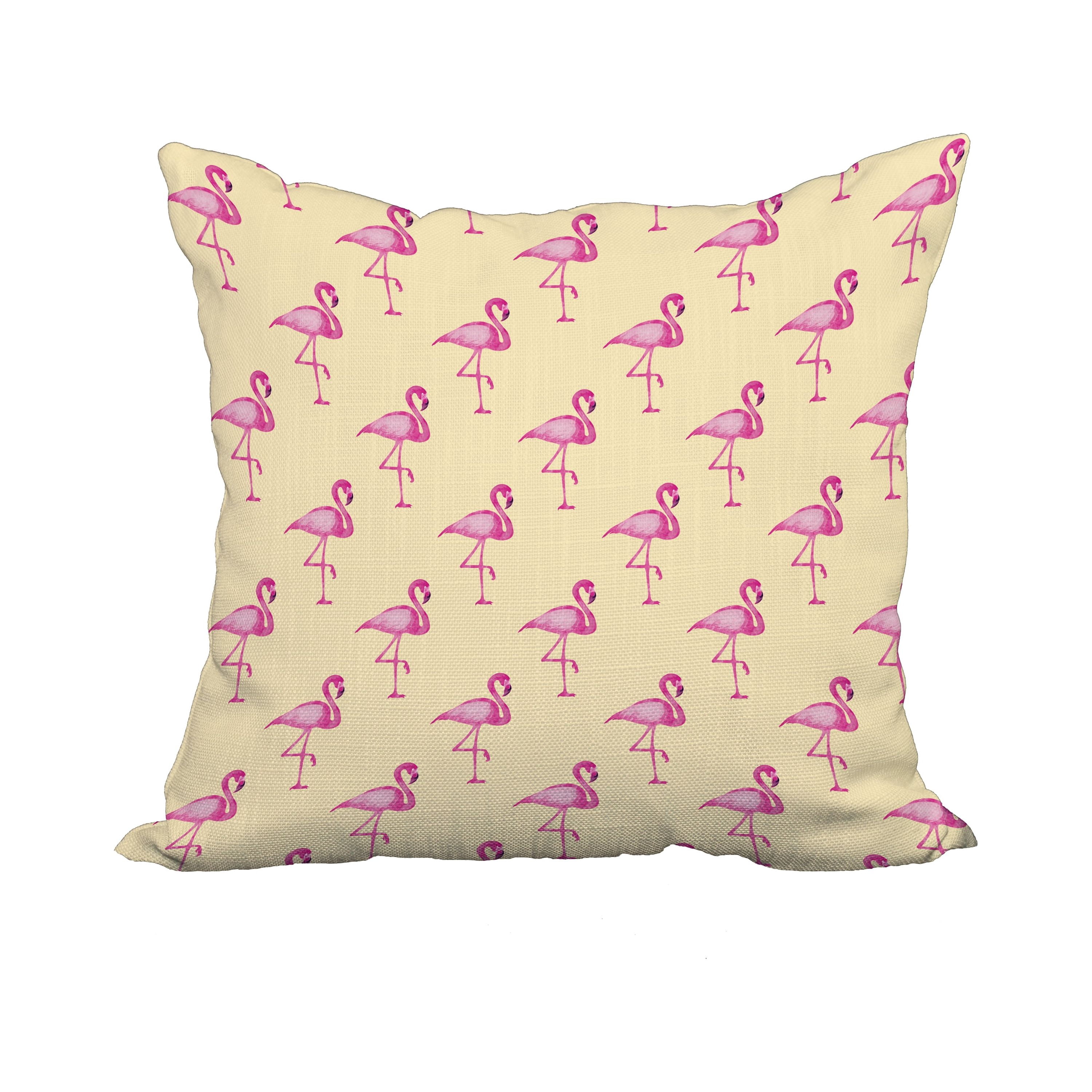 18 x 18 Inch Flamingo Fanfare Multi Yellow Tropical Print Decorative Polyester Throw Pillow with Linen Texture