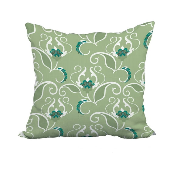 18 x 18 Inch Green Floral Print Decorative Polyester Throw Pillow with a Linen Texture