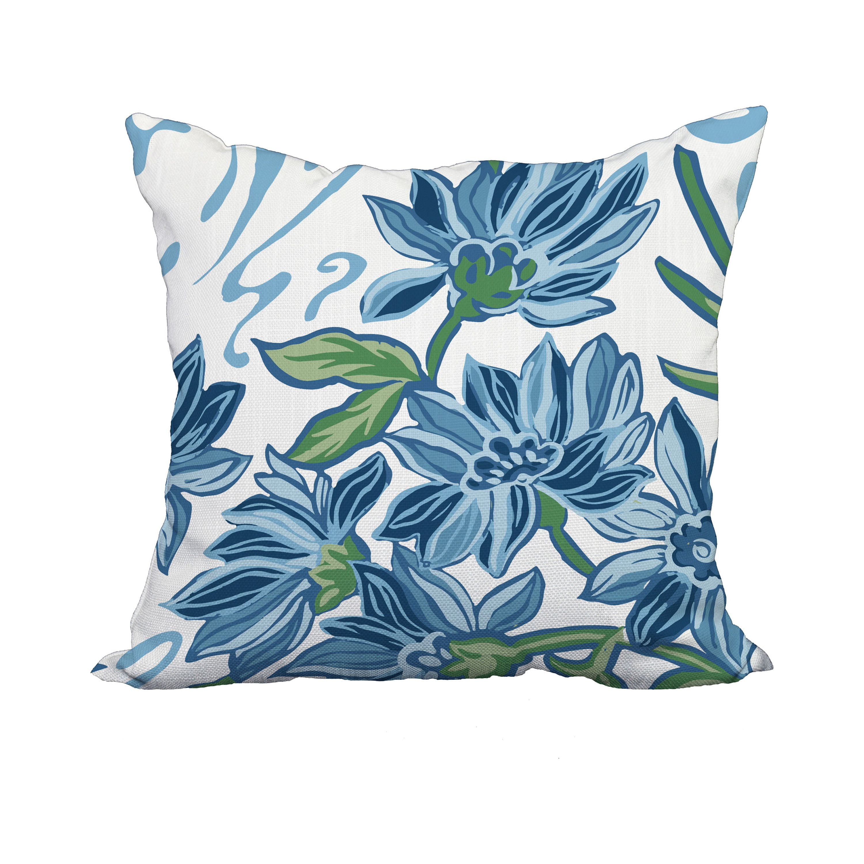 18 x 18 Inch Iona Blue Floral Print Decorative Polyester Throw Pillow with Linen Texture