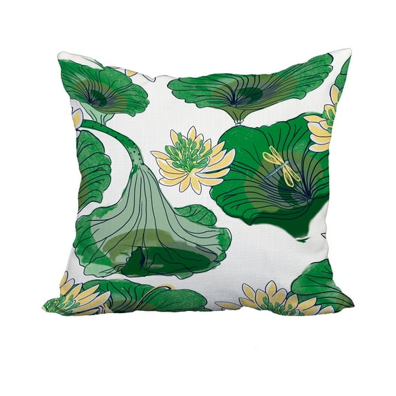 18 x 18 Inch Lotokoi Green Floral Print Decorative Polyester Throw Pillow with Linen Texture