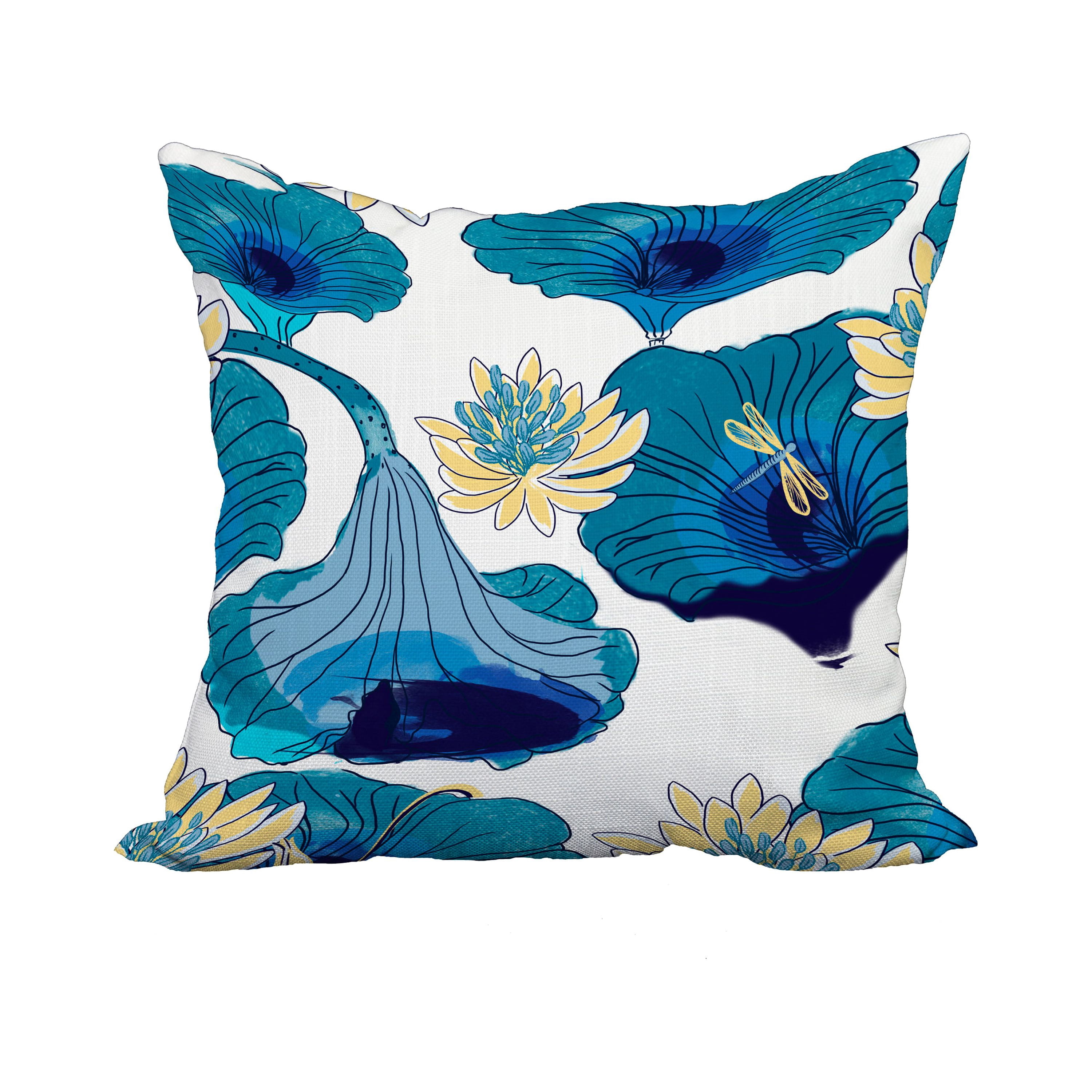 18 x 18 Inch Lotokoi Teal Floral Print Decorative Polyester Throw Pillow with Linen Texture