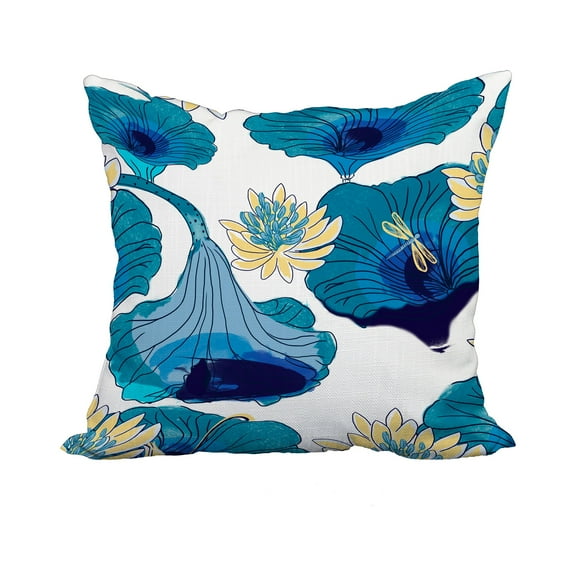 18 x 18 Inch Lotokoi Teal Floral Print Decorative Polyester Throw Pillow with Linen Texture