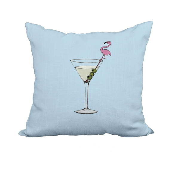 18 x 18 Inch Martini Glass Flamingo Pale Blue Geometric Print Decorative Polyester Throw Pillow with Linen Texture