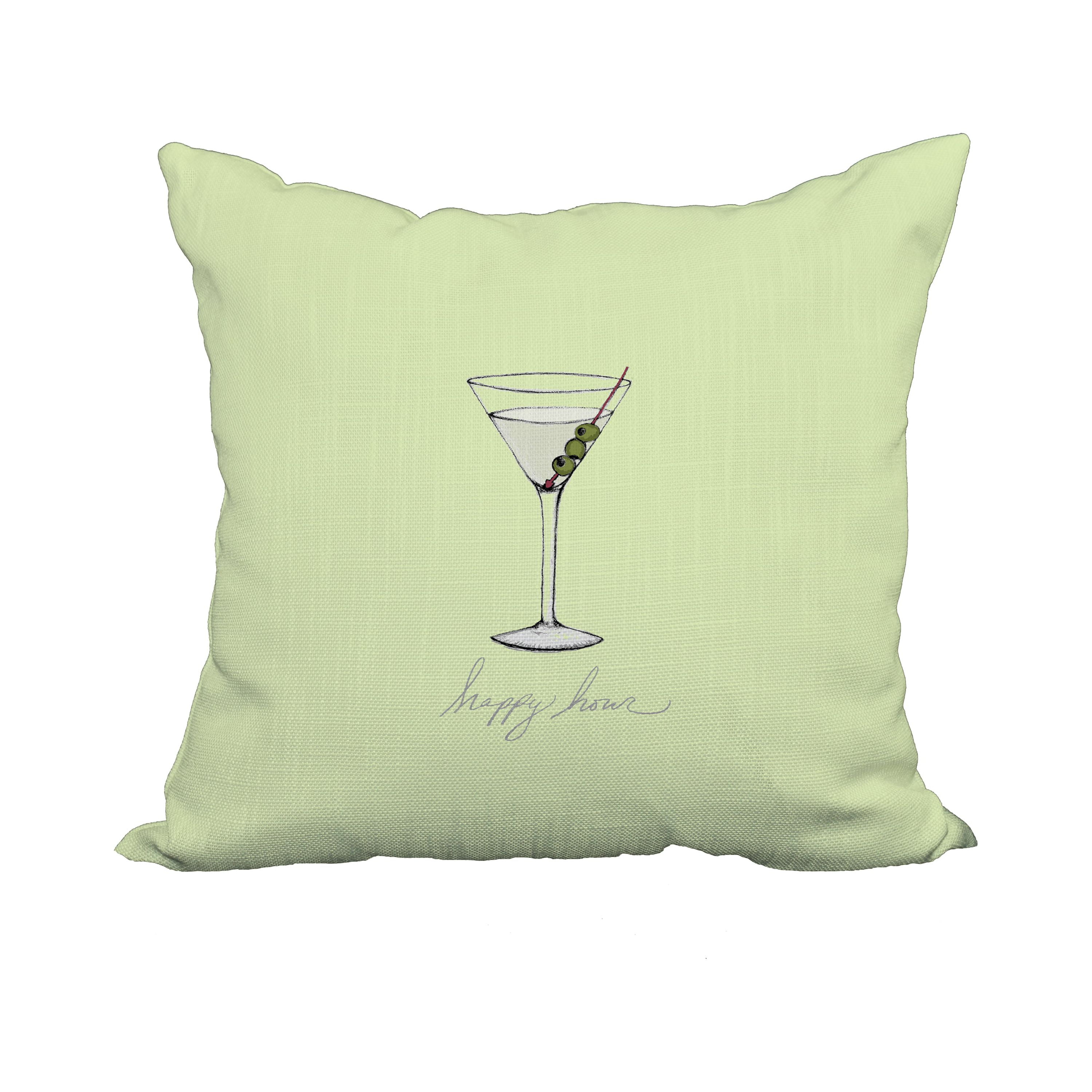 18 x 18 Inch Martini Glass Happy Hour Light Green Geometric Print Decorative Polyester Throw Pillow with Linen Texture