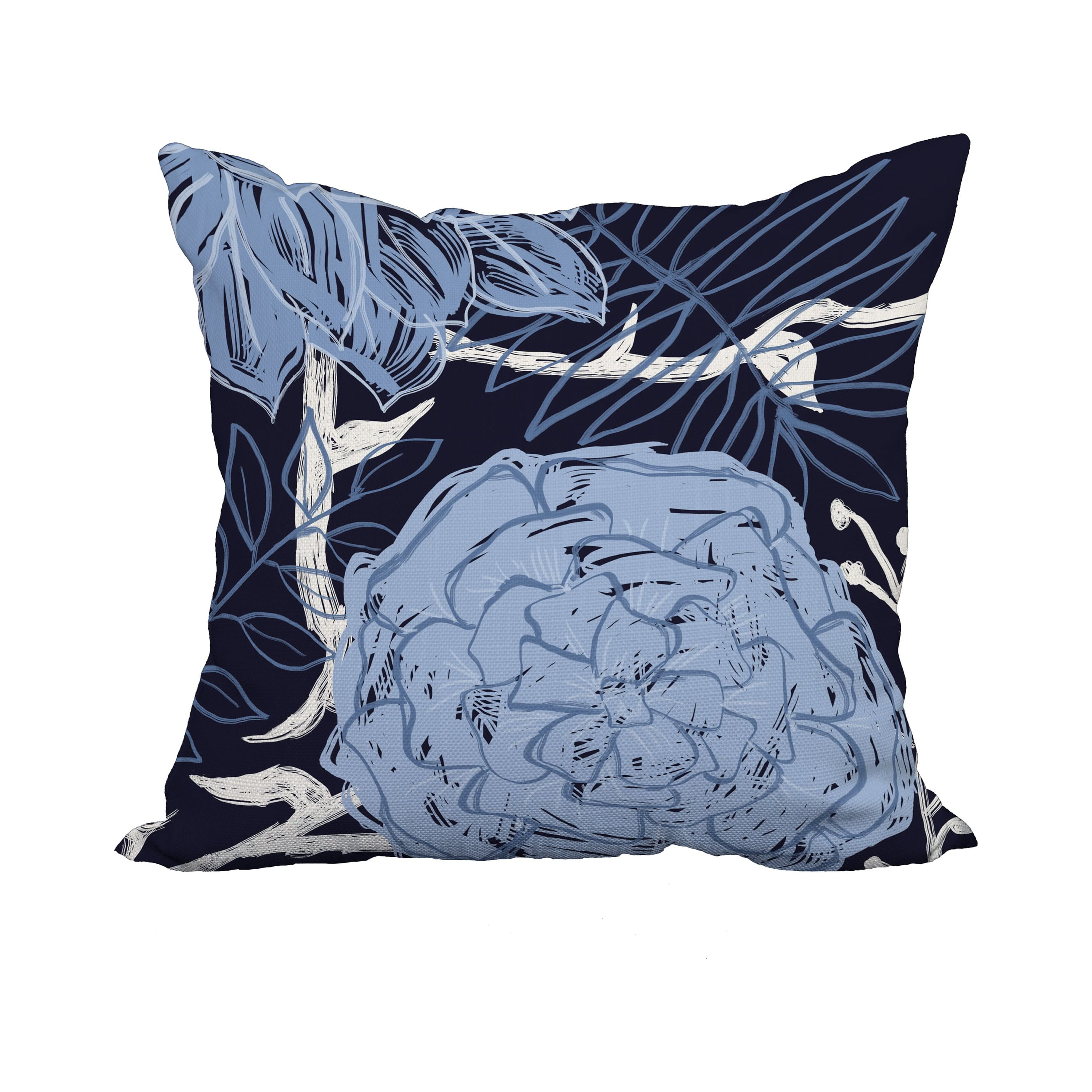 18 x 18 Inch Navy Blue Floral Print Decorative Polyester Throw Pillow with a Linen Texture