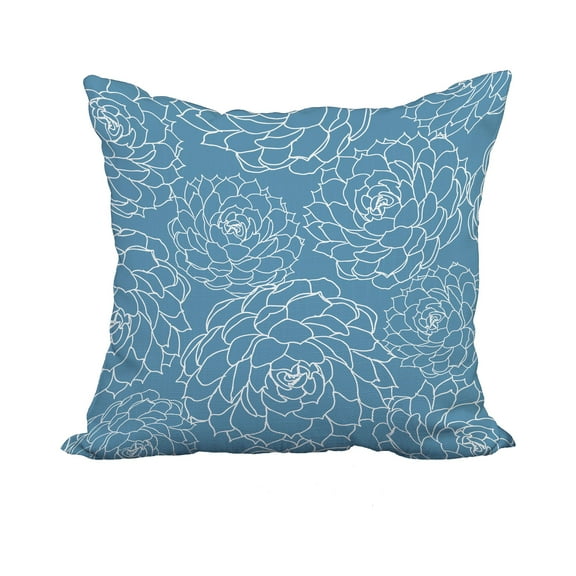 18 x 18 Inch Olena Blue Floral Print Decorative Polyester Throw Pillow with Linen Texture
