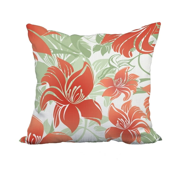 18 x 18 Inch Orange Floral Print Decorative Polyester Throw Pillow with a Linen Texture