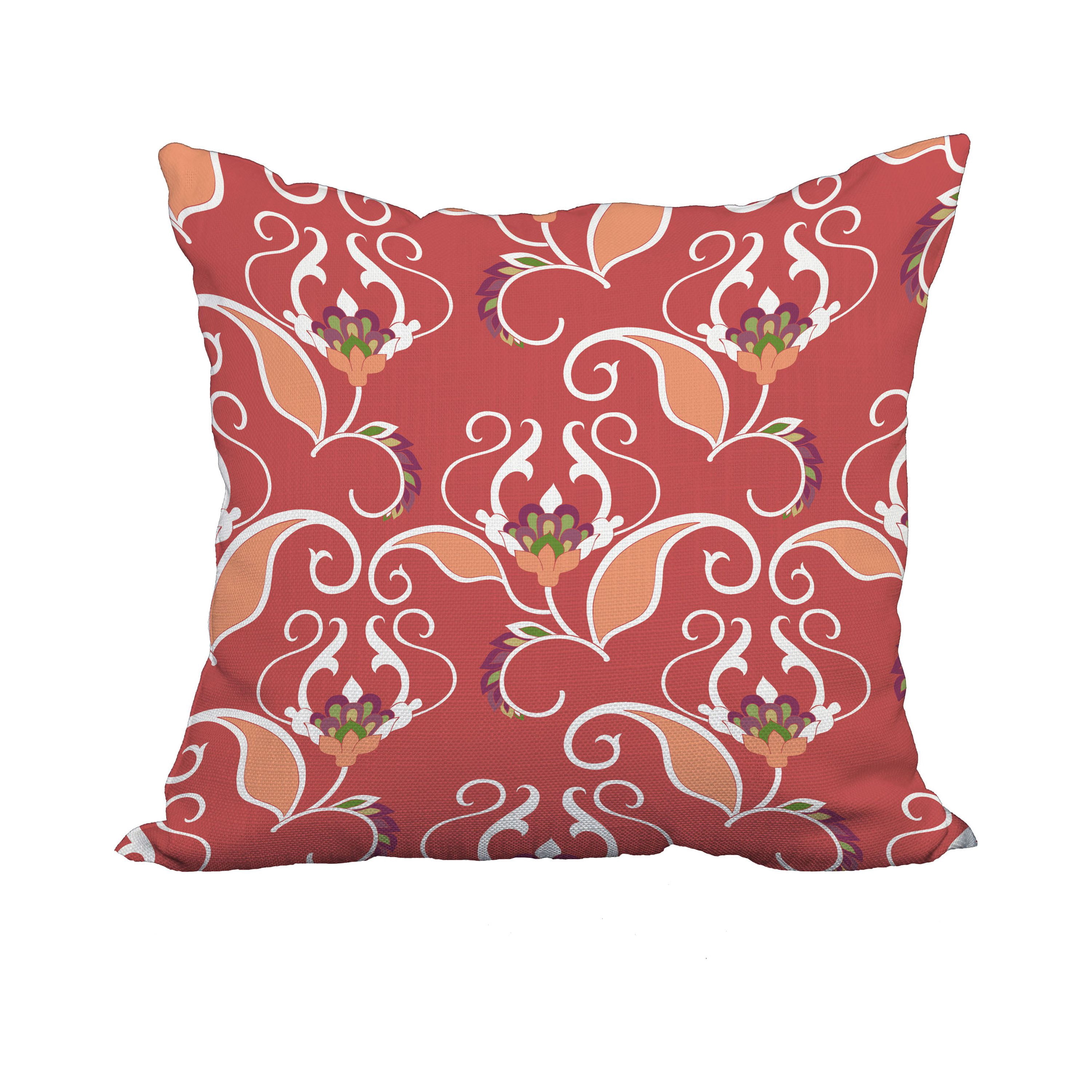 18 x 18 Inch Orange Floral Print Decorative Polyester Throw Pillow with a Linen Texture