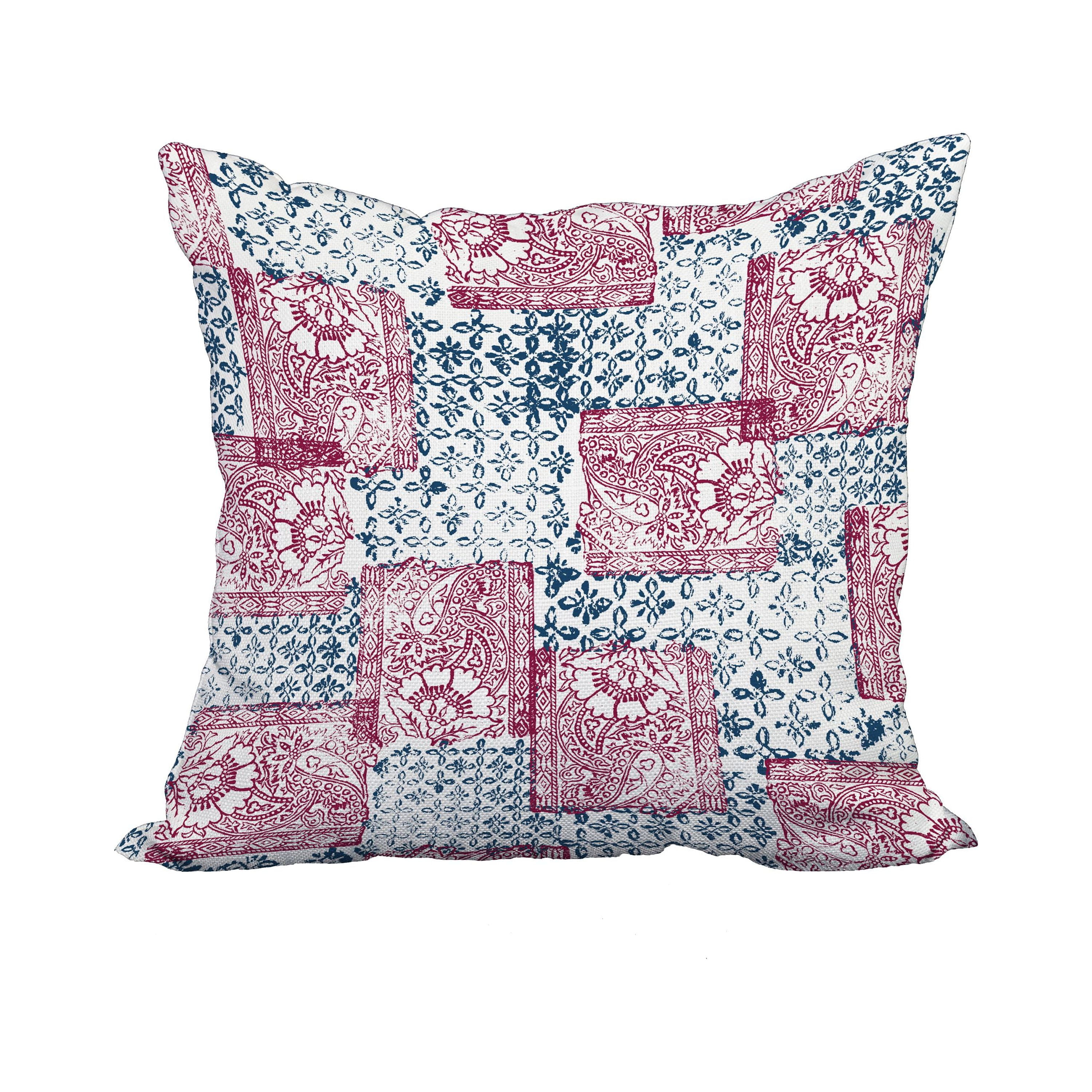 18 x 18 Inch Patches Maroon Geometric Print Decorative Polyester Throw Pillow with Linen Texture