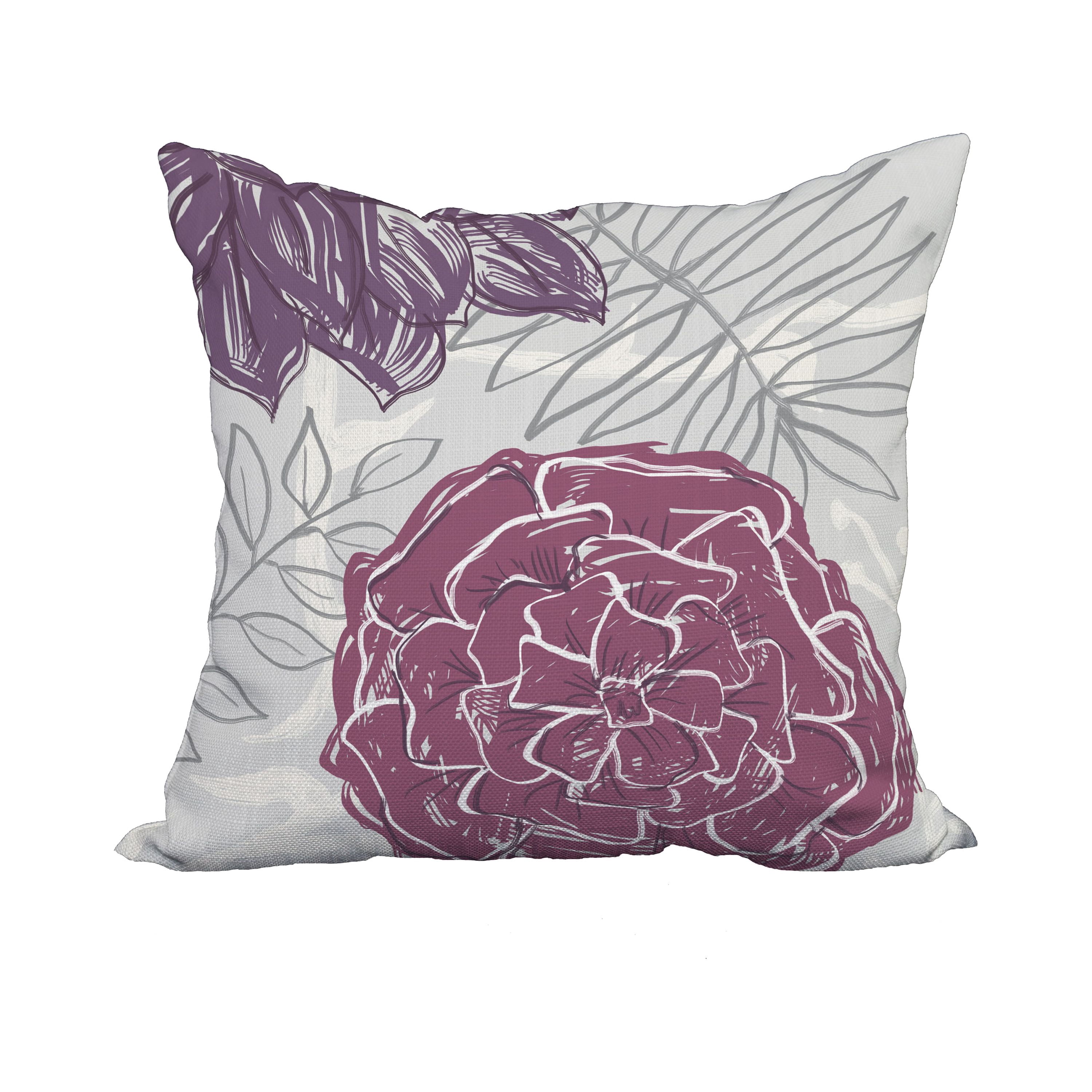 18 x 18 Inch Purple Floral Print Decorative Polyester Throw Pillow with a Linen Texture