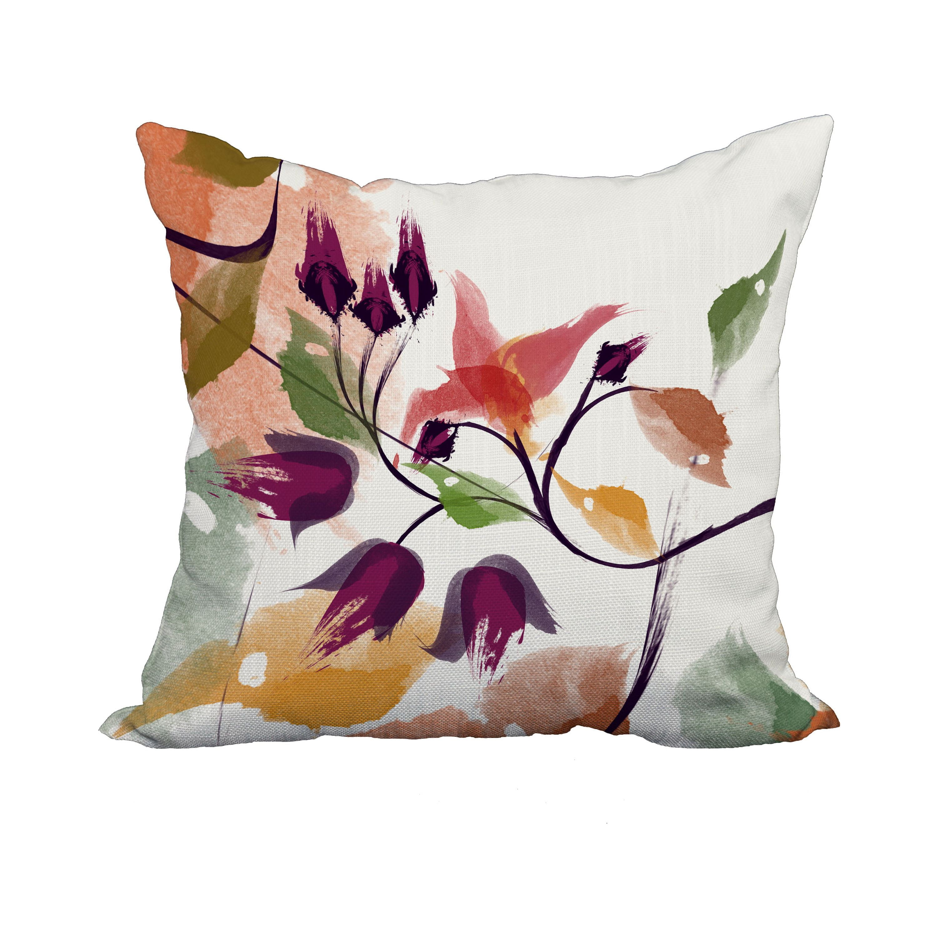 18 x 18 Inch Red Floral Print Decorative Polyester Throw Pillow with a Linen Texture