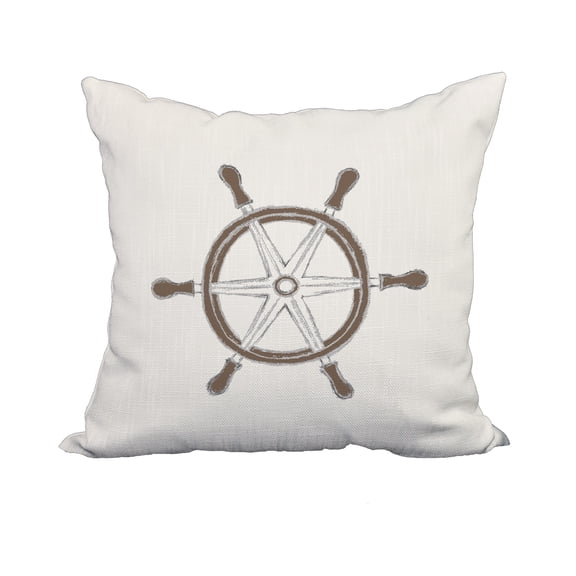 18 x 18 Inch Ship Wheel Ivory Geometric Print Decorative Polyester Throw Pillow with Linen Texture