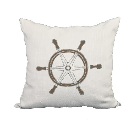 18 x 18 Inch Ship Wheel Ivory Geometric Print Decorative Polyester Throw Pillow with Linen Texture