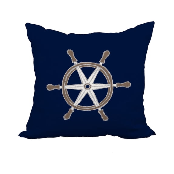 18 x 18 Inch Ship Wheel Navy Geometric Print Decorative Polyester Throw Pillow with Linen Texture