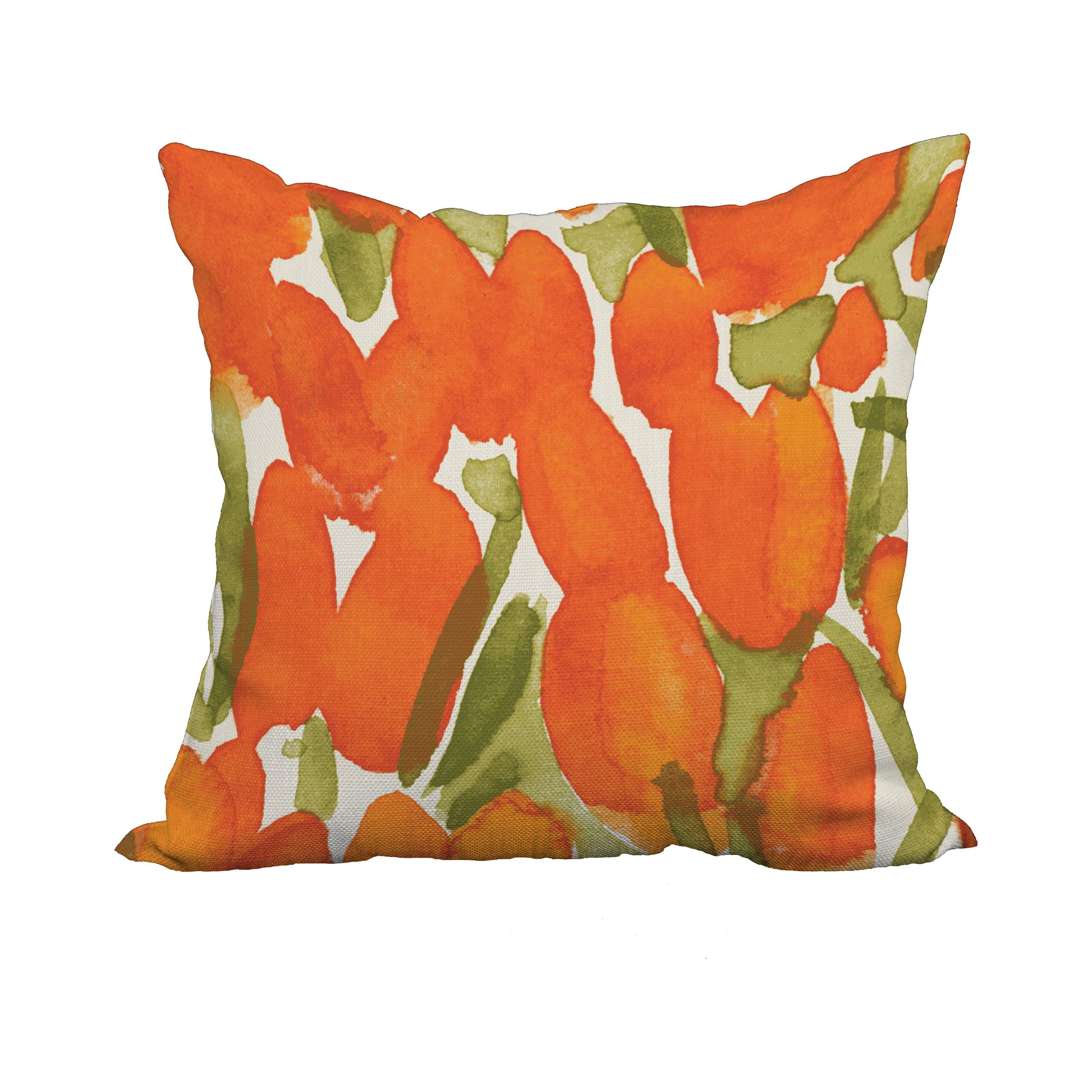 18 x 18 Inch Sunset Tulip Orange Floral Print Decorative Polyester Throw Pillow with Linen Texture