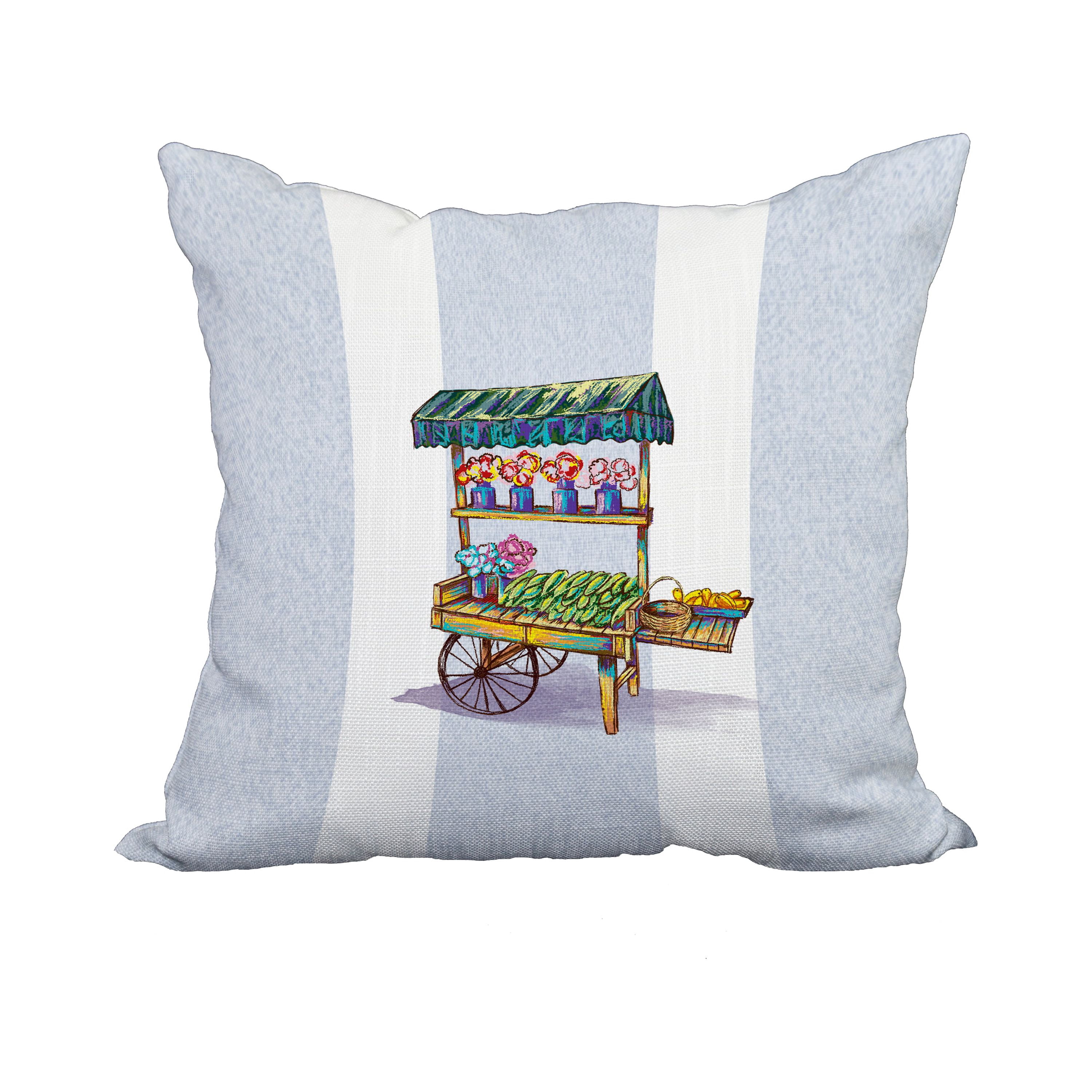 18 x 18 Inch Veggie Cart Light Blue Geometric Print Decorative Polyester Throw Pillow with Linen Texture