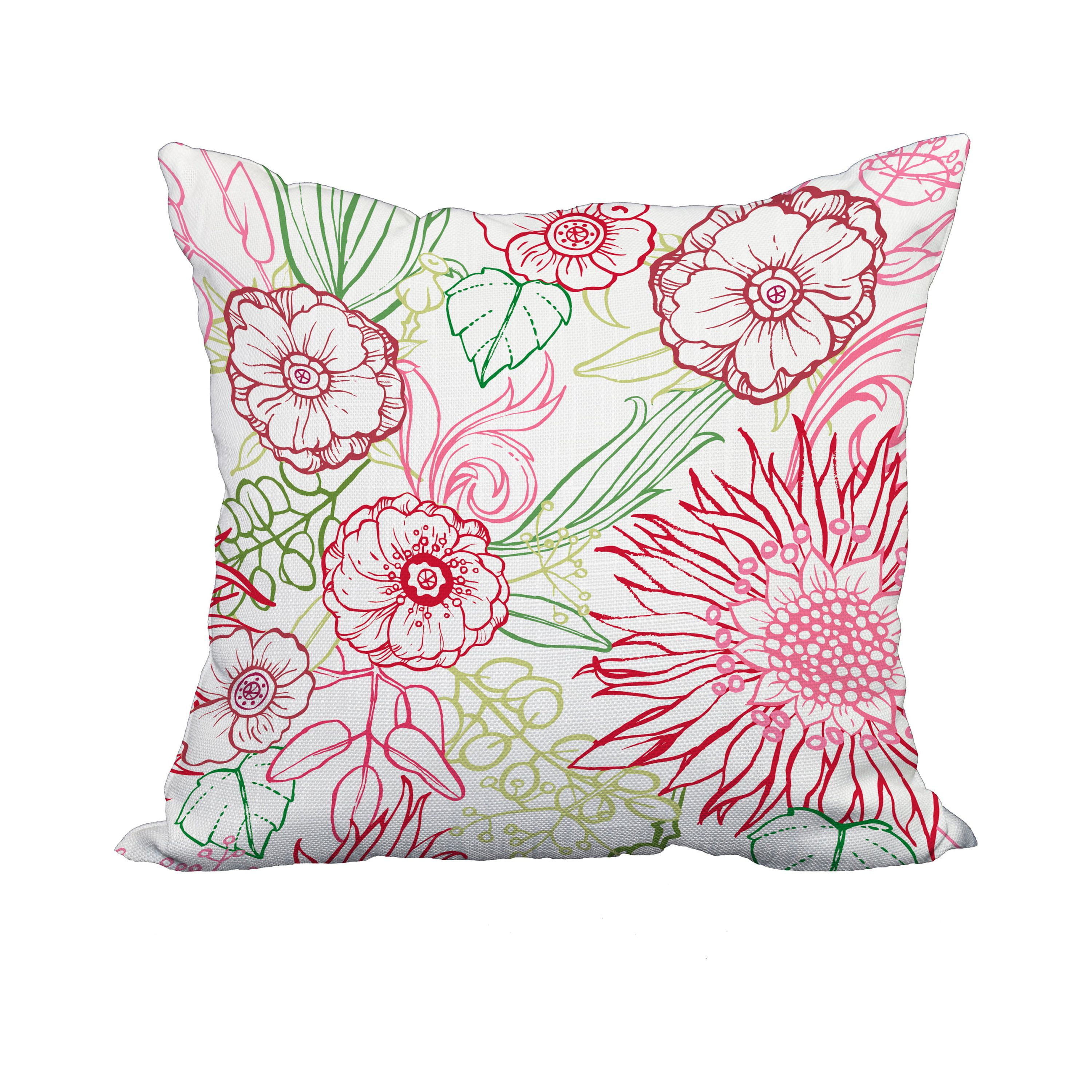 18 x 18 Inch Zentangle 4 Color Red Floral Print Decorative Polyester Throw Pillow with Linen Texture