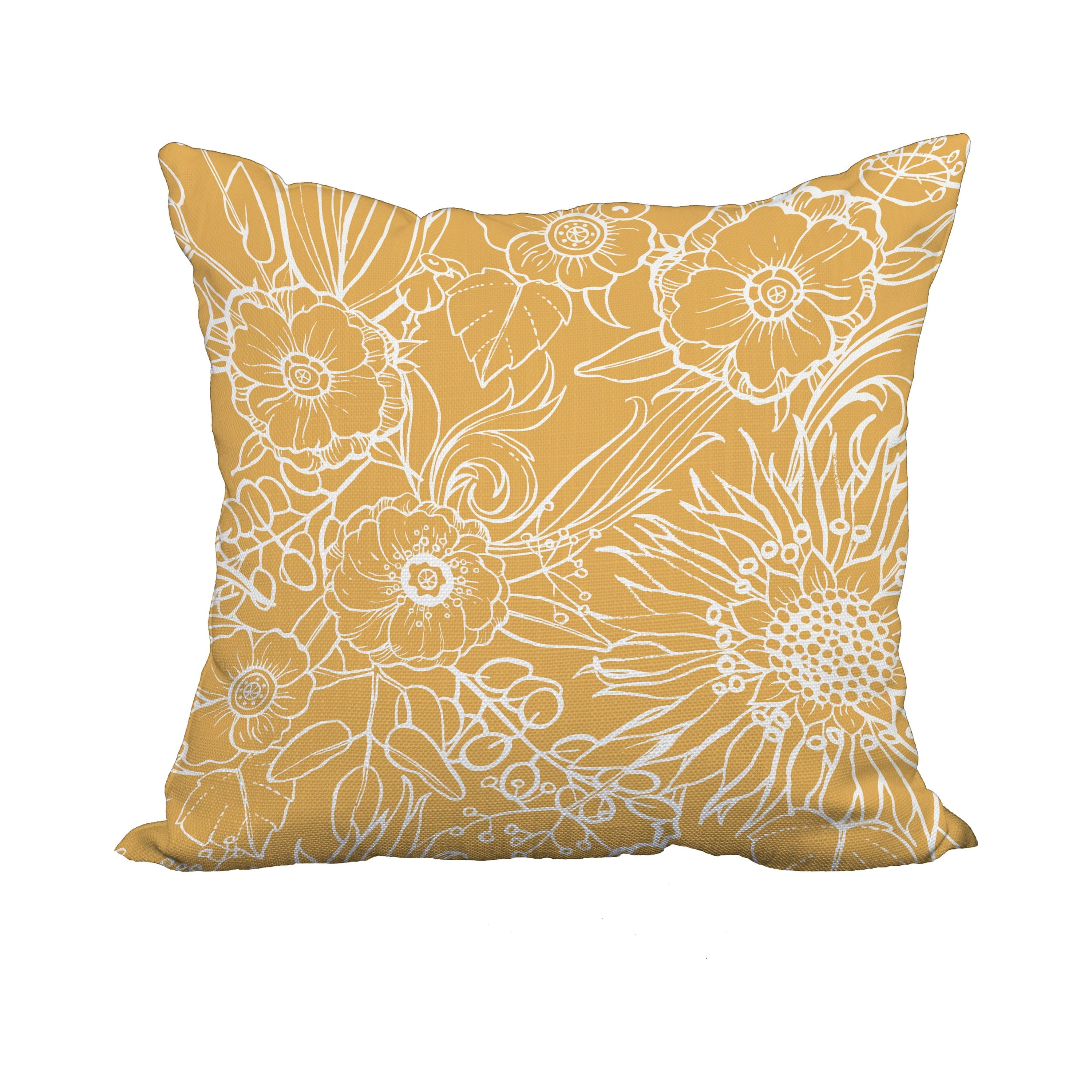 18 x 18 Inch Zentangle 4 Gold Floral Print Decorative Polyester Throw Pillow with Linen Texture