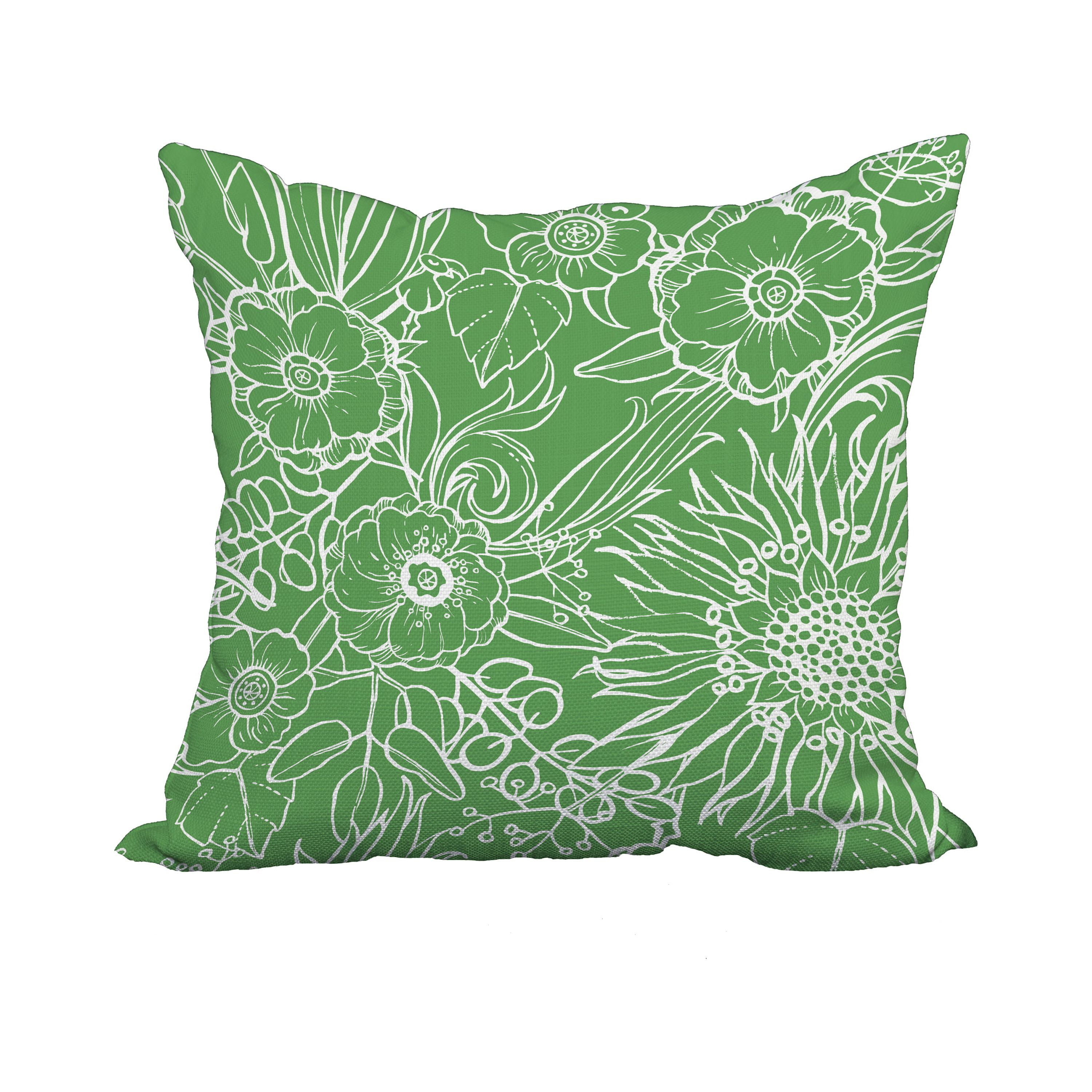 18 x 18 Inch Zentangle 4 Green Floral Print Decorative Polyester Throw Pillow with Linen Texture
