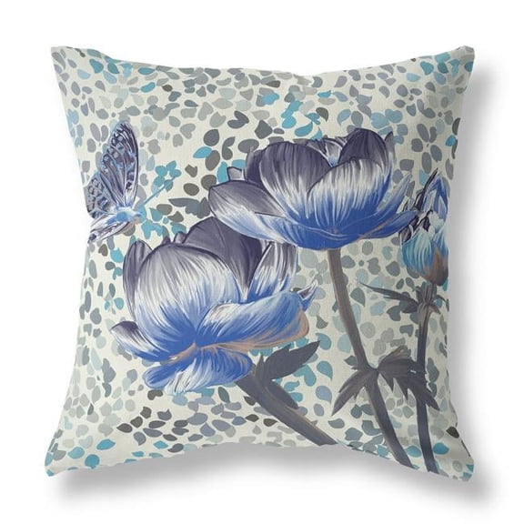 HomeRoots 18" x 18" Indigo Butterfly Blown Seam Floral Indoor Outdoor Throw Pillow