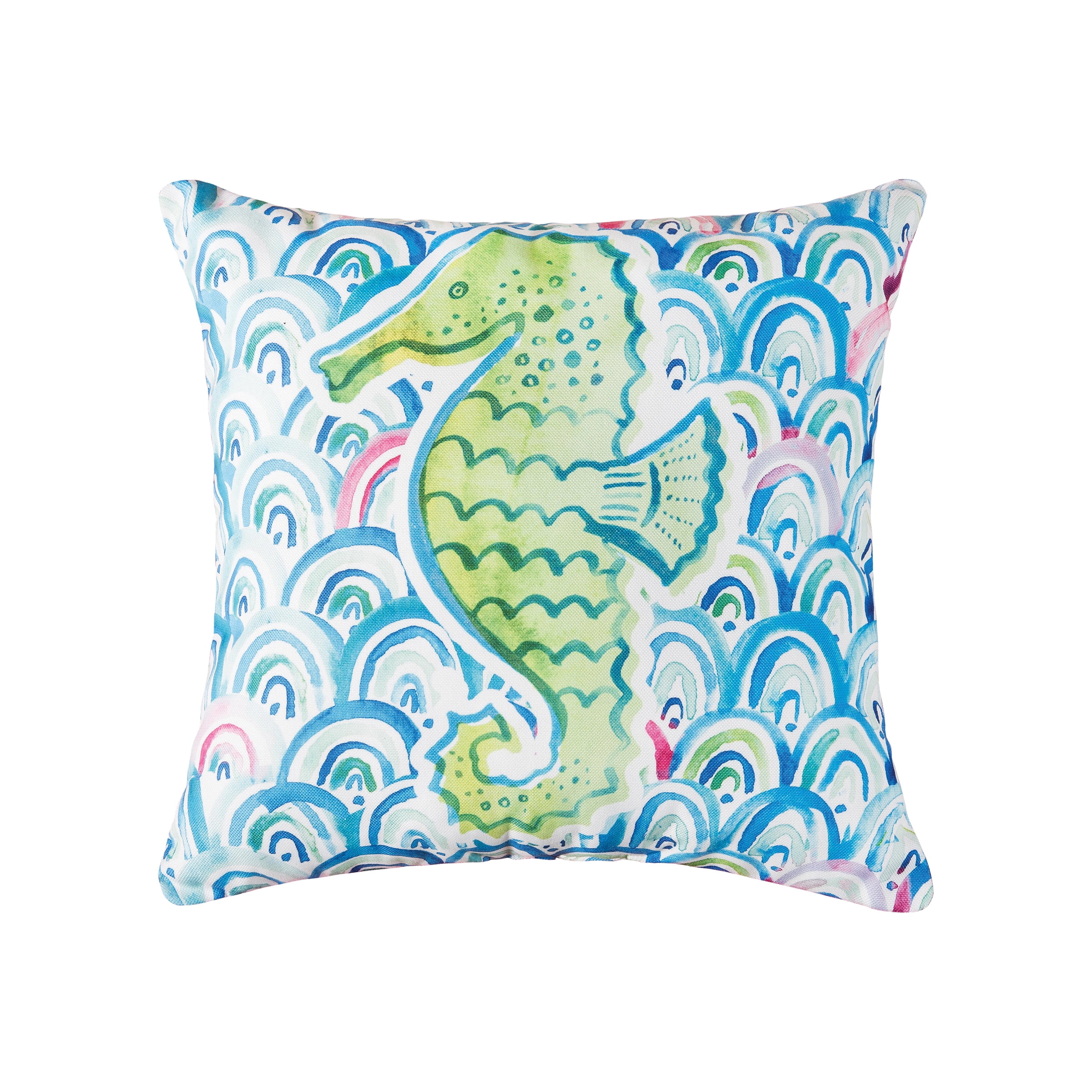 18" Blue and Green Polyester Coastal Seahorse Throw Pillow