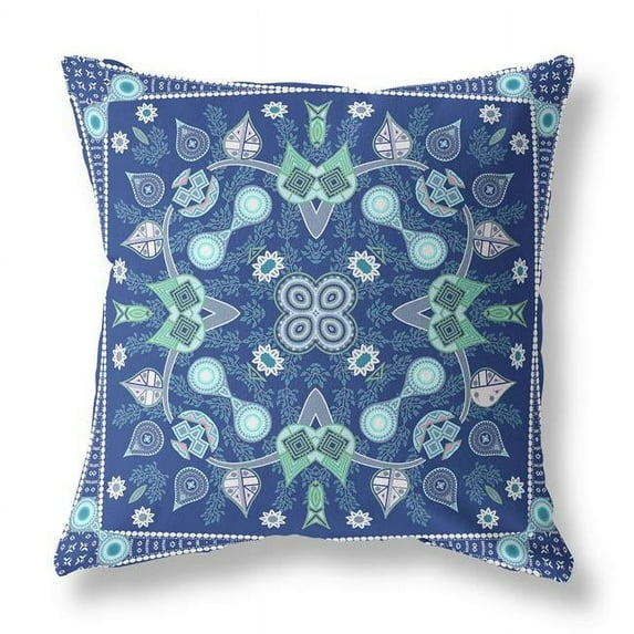 18" x 18" Midnight Blue Blown Seam Paisley Indoor Outdoor Throw Pillow