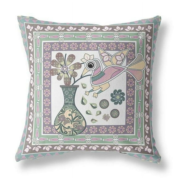 HomeRoots 18" x 18" Pink Bird Blown Seam Floral Indoor Outdoor Throw Pillow