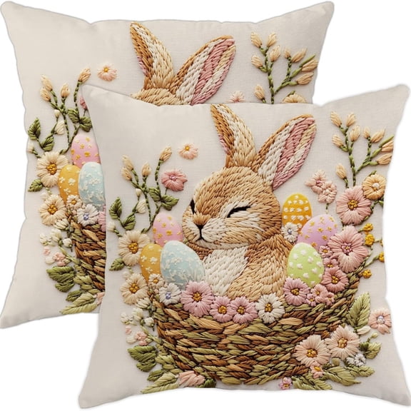 18" x 18" Retro Easter Rabbit Pillow Covers - Bunny Print Cushion Cases - Rustic Spring Home Decors - Durable Sofa Bed Throws Festive Holiday Gifts - Classic Farmhouse Seasonal Pillow Slipcovers