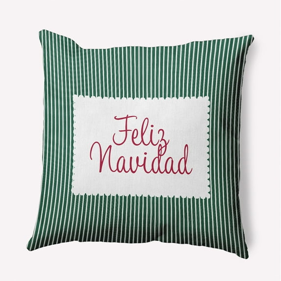 18" x 18" Simply Daisy Feliz Navidad Ticking Polyester Indoor/Outdoor Pillow, Forest Green Qty 1