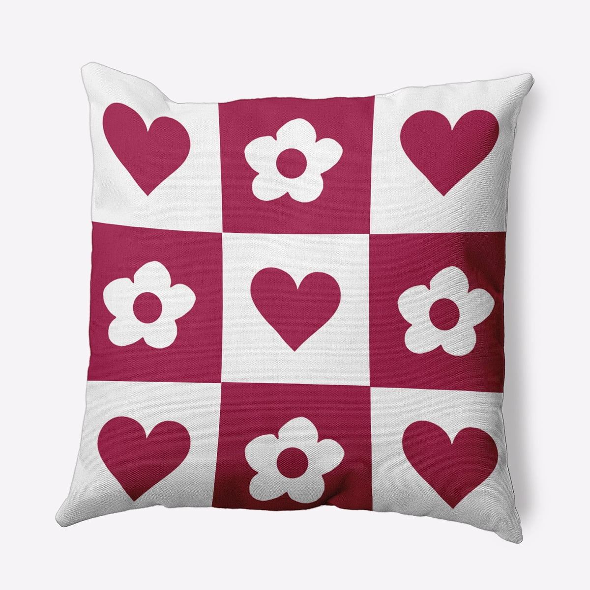 18" x 18" Simply Daisy Heart And Flowers Grid Polyester Indoor/Outdoor Pillow, Bold Pink Qty 1