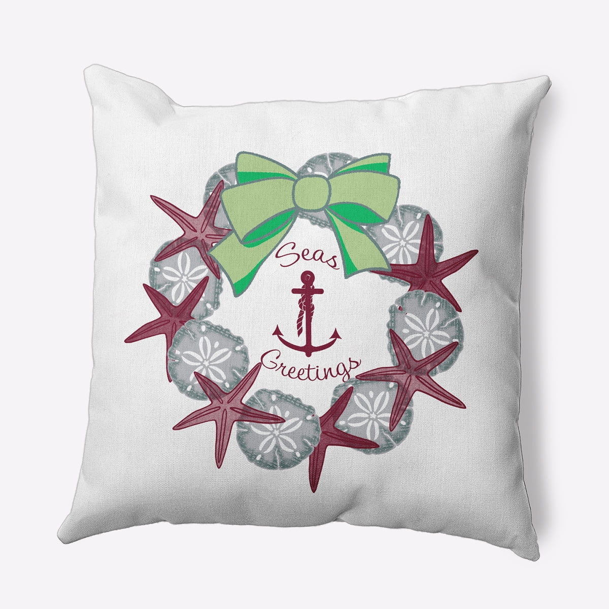 18" x 18" Simply Daisy Seas and Greetings Wreath Polyester Indoor/Outdoor Pillow, Maroon Qty 1