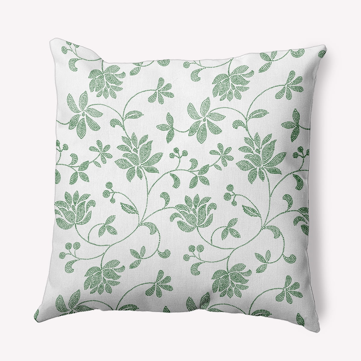 18" Green and White Floral Polyester Throw Pillow