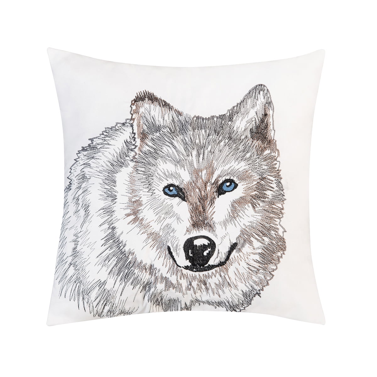 18" White and Gray Embroidered Wolf Portrait Pillow
